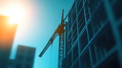 Construction crane towering over modern buildings during sunset with vibrant colors