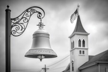 Obraz premium A church bell ringing with a flag half-staff in the background
