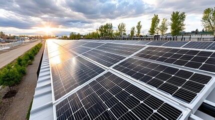 Solar Panels in Rural Field Under Stunning Sunset Sky