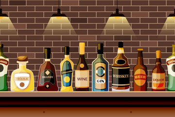 Alcohol drink bottles on bar counter. Seamless horizontal background. Vector cartoon illustration of alcoholic beverages