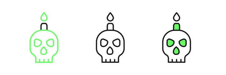 Set line Burning candle on a skull icon isolated on white background. Day of dead. Vector