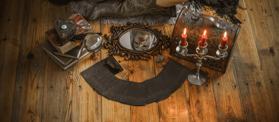 Witch Altar with Tarot, Candles, and Mystic Ritual Tools