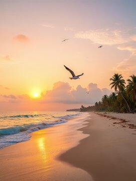 a serene beach sunset with vibrant hues of pink, orange, and gold. Calm waves lap against the shore, while palm trees and a hammock enhance the tranquil, picturesque tropical setting.