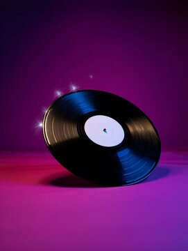a vintage vinyl record with a glossy black surface and a blank white label. It is tilted against a backdrop of pink and purple hues, accented with subtle sparkles, creating a retro, magical vibe.