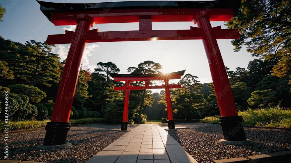 Poster low-angle video frame of vibrant red torii gates in a serene forest setting, capturing sunlight filt