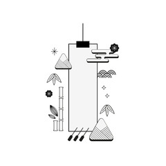 Dragon Boat Festival template design in line minimal style. Dragon boat and zongzi dumplings. Chinese text Dragon Boat Festival. Holiday banner, card, poster, banner concept.