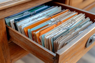 Organized wooden file drawer with assorted colored folders in office setting