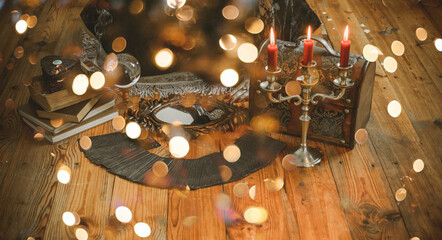 Witch Altar with Tarot, Candles, and Mystic Ritual Tools