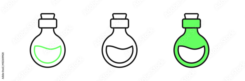 Poster set line glass bottle with magic elixir icon isolated on white background. computer game asset. vect