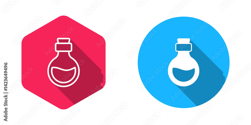 Poster filled and outline glass bottle with magic elixir icon isolated with long shadow background. compute