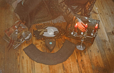 Witch Altar with Tarot, Candles, and Mystic Ritual Tools