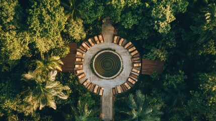 Fototapeta premium A circular pool surrounded by wooden benches in a lush tropical setting.