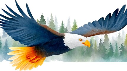 Fototapeta premium Realistic Watercolor Bald Eagle Flying Over Forest Landscape