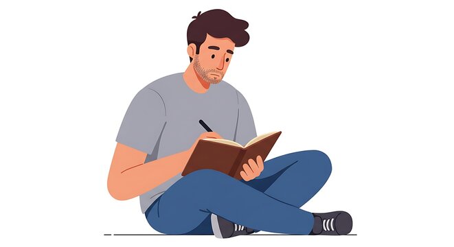 Man Writing in Notebook Sitting on Floor in Casual Wear