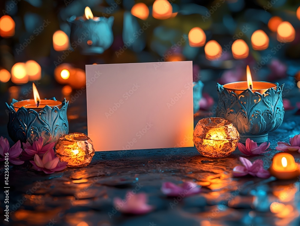 Poster floating krathongs and lanterns surrounding a blank white card in a tranquil setting