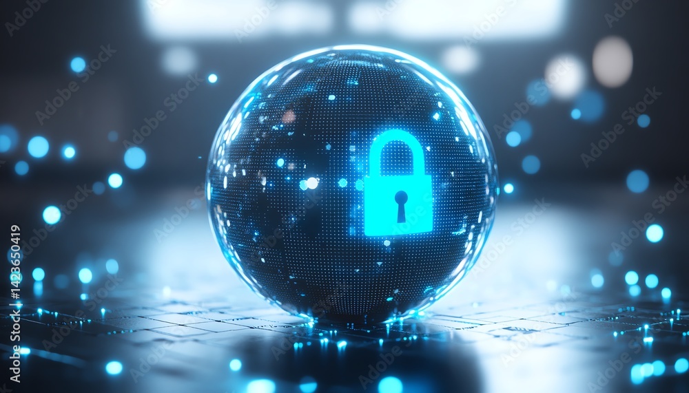 Poster cybersecurity concept: glowing sphere with padlock, representing data protection and digital securit