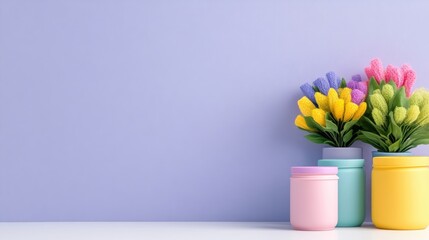 Colorful flower arrangements in pastel jars on a minimalist white shelf against a soft purple wall, and creative home decor with vibrant spring blooms.