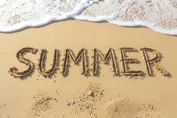 Summer written in the sand on a beach with waves in the background.
