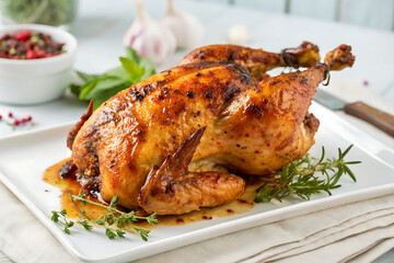 roasted chicken on a plate, Perfectly Roasted Whole Chicken on Black Background