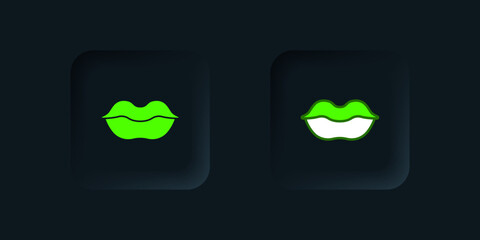 Green Smiling lips icon isolated on black background. Smile symbol. Black square button. Vector