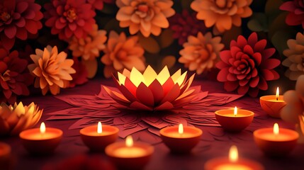 A festive Diwali altar scene, showcasing a paper cut design with overlapping geometric Rangoli shapes, surrounded by rows of floating oil lamps casting soft light,