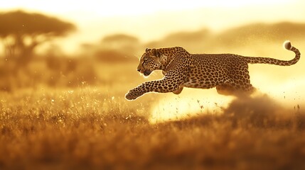 Leopard Running Fast Across African Savannah During Golden Hour Light