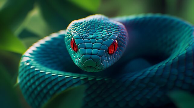 Close-up of Striking Blue Snake with Red Eyes Looking Menacingly