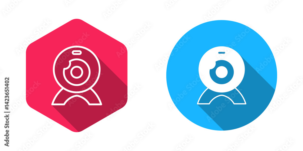 Poster filled and outline web camera icon isolated with long shadow background. chat camera. webcam icon. v