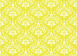 Floral pattern. Seamless vector background. Vintage wallpaper in the Baroque style. White and yellow ornament for fabric, wallpaper, packaging. Ornate Damask flower illustration