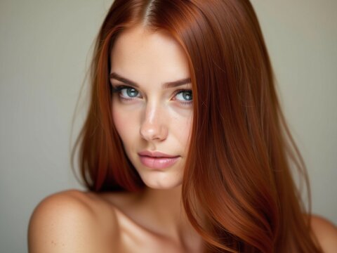 Mujer con cabello casta&ntilde;o rojizo grueso, liso y brillante, partido a un lado, cuero cabelludo liso y fondo apagado