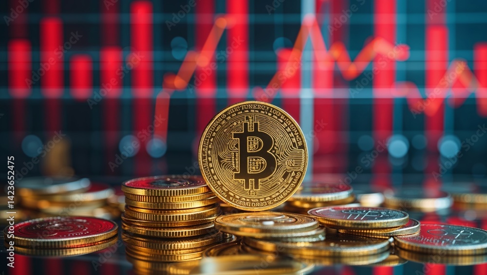 Poster bitcoin coins stacked in front of fluctuating market graph in a modern financial setting