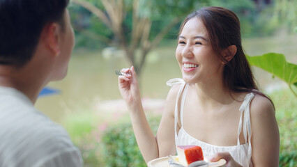 Asia people young adult man woman relax smile looking at camera take photo falling in love flirt at...