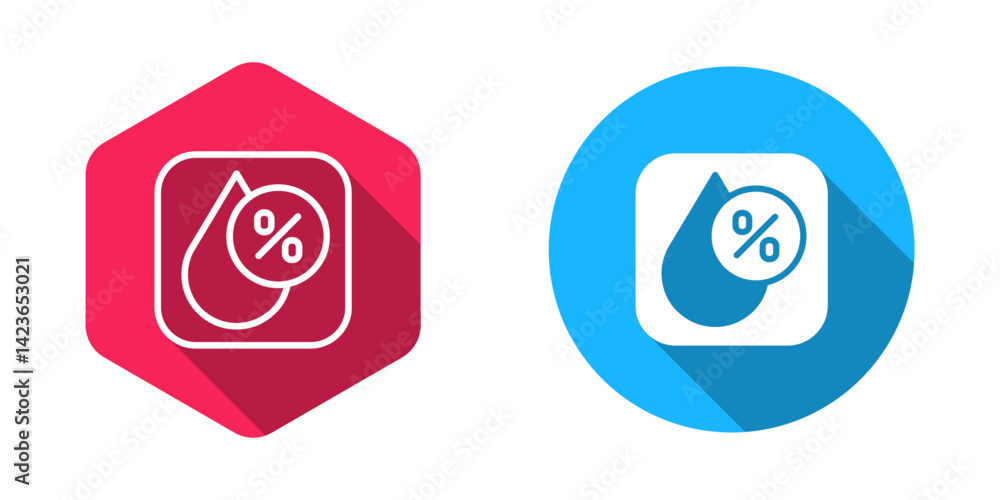 Poster filled and outline water drop percentage icon isolated with long shadow background. humidity analysi