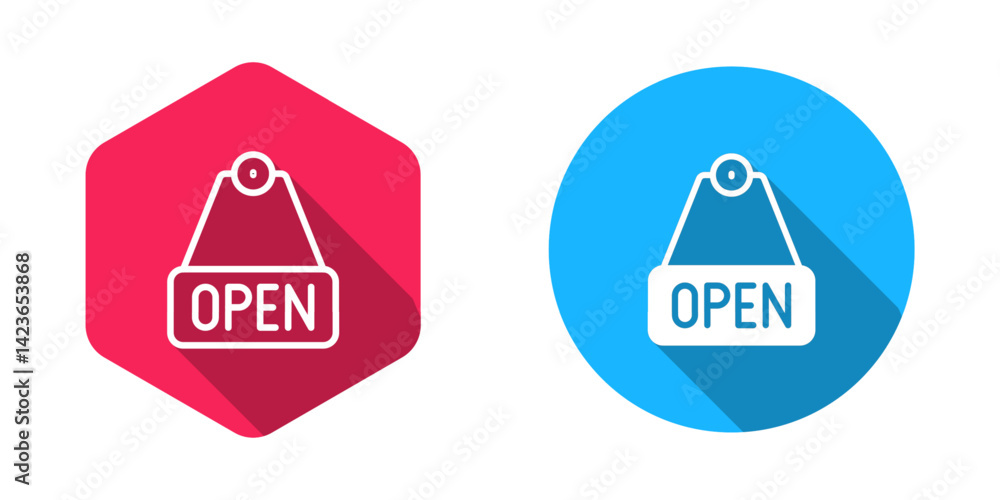Poster filled and outline hanging sign with text open door icon isolated with long shadow background. vecto