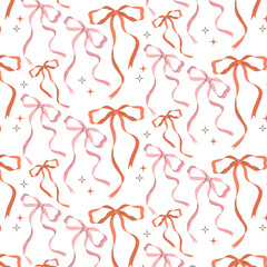Seamless pattern with pink and red ribbon bows and sparkles. Cute and festive design for wrapping paper, Valentine's Day, baby girl themes, or textile prints.