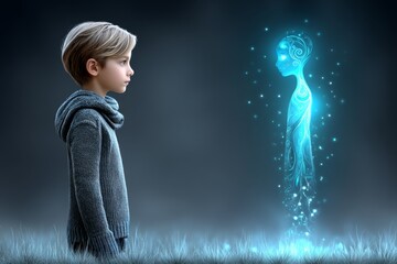 Fantasy guardian spirit protecting children from smoke in magical field
