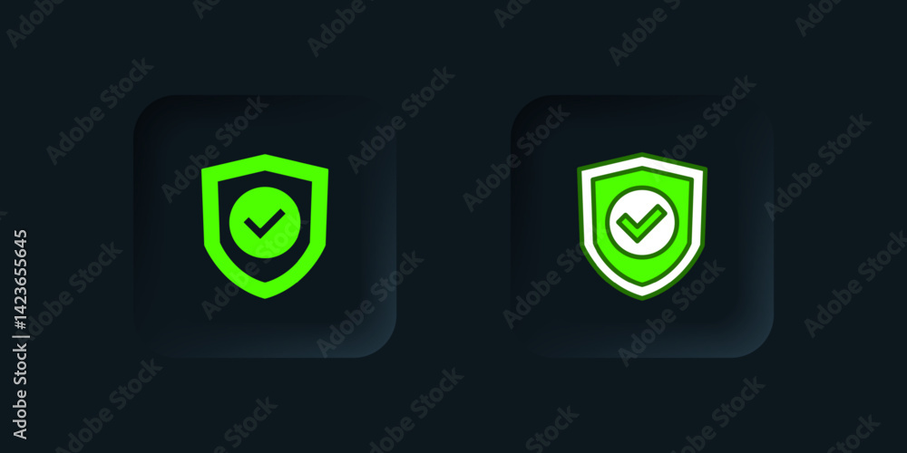 Poster green shield with check mark icon isolated on black background. protection symbol. security check ic