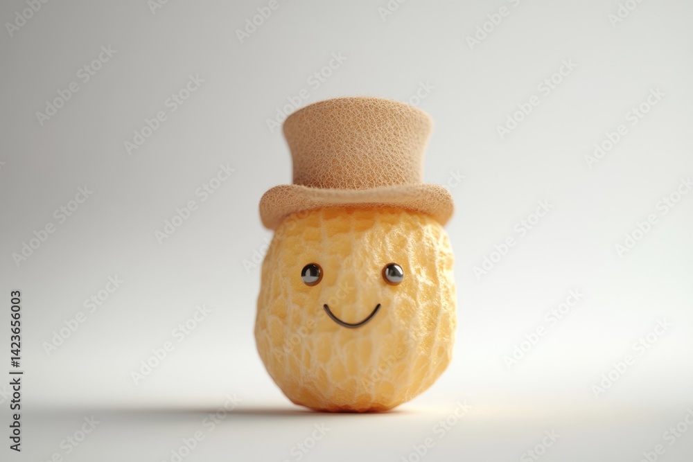 Poster a smiling peanut in a tiny hat, a cute and whimsical 3d rendering.