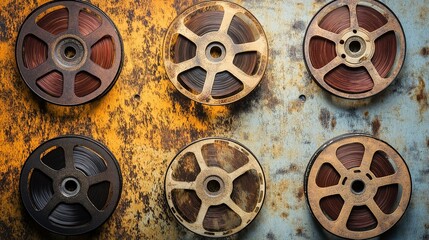 Fototapeta premium Vintage film reel with celluloid texture, warm light on metal details, evoking cinematic nostalgia
