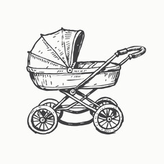 Boy baby shower design, baby stroller vector cartoon illustration isolated on white background