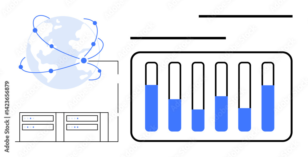Poster globe with interconnected nodes, analytic chart of vertical bars, and servers. ideal for technology,