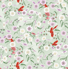  A Colorful Field of Blooming Dianthus Flowers. Vector illustration of a seamless pattern 	