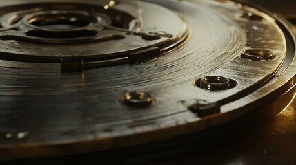 Vintage film reel with celluloid texture, warm light on metal details, evoking cinematic nostalgia