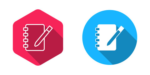 Filled and outline Notebook icon isolated with long shadow background. Spiral notepad icon. School notebook. Writing pad. Diary for school. Vector