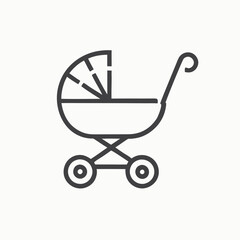 Sketch of a baby carriage with a book in the middle. Baby carriage, icon. Baby pram on a white background.