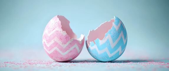 Fototapeta premium Pink and blue Easter egg split open and cracked in two. Blank space available for text or product.