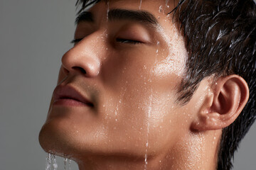 Close up portrait of young man with wet skin, eyes closed
