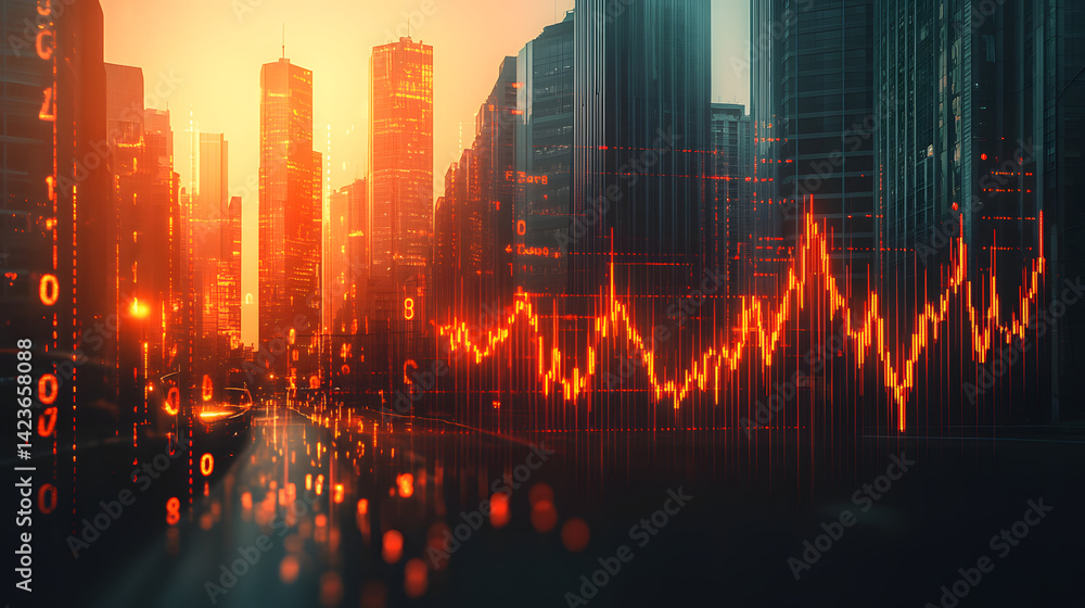Poster digital indicators and declining graphs of a market crash superimpose over a contemporary scene. con