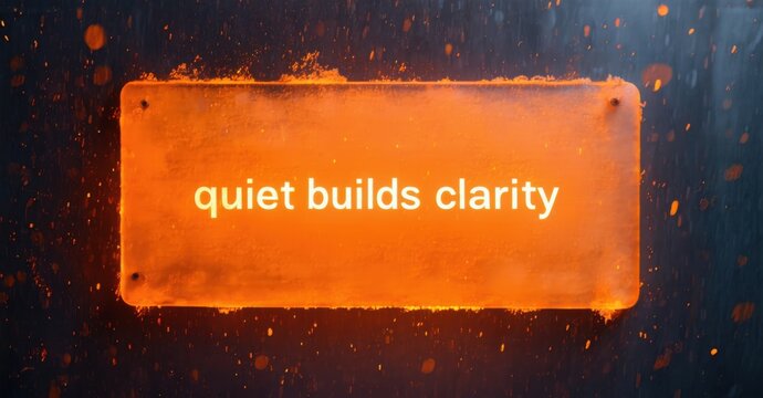Orange rectangle displays text. Dark background features subtle sparks, creating dramatic contrast. Message promotes peaceful focus.