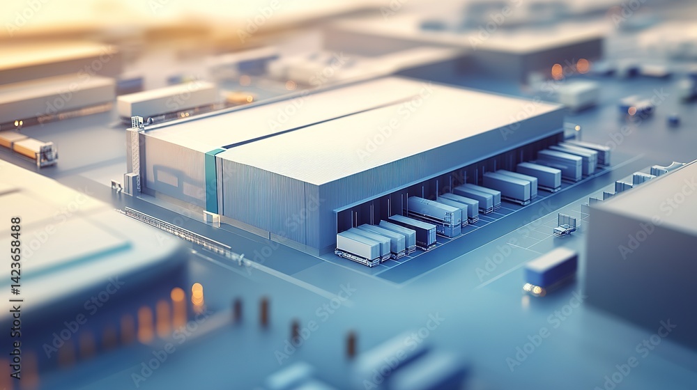 Poster a modern logistics center with automated package sorting for efficiency.